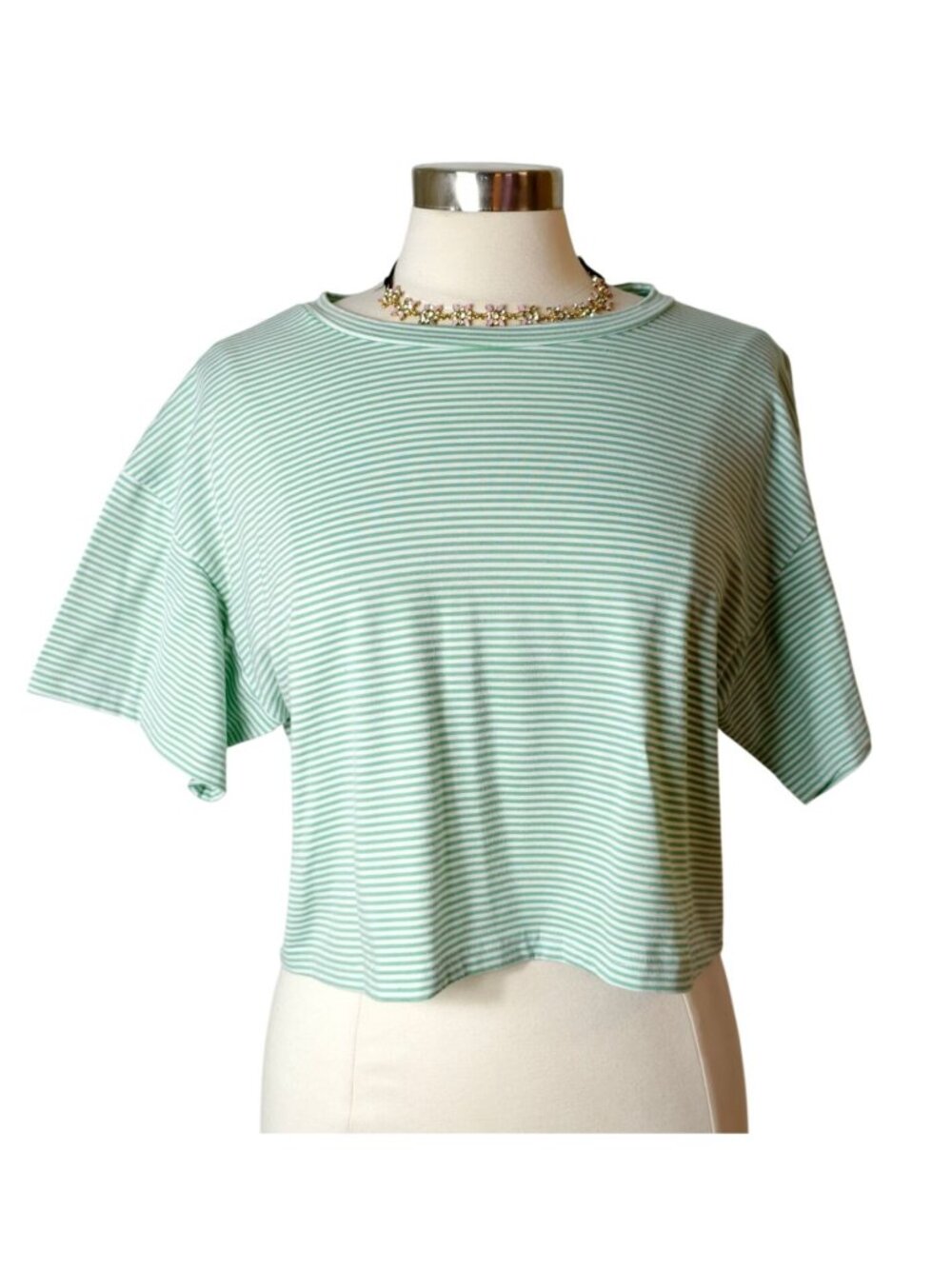 Womens M Oversized Crop Mint Green Striped Relaxed Fit Y2K Preppy Hip Breezy